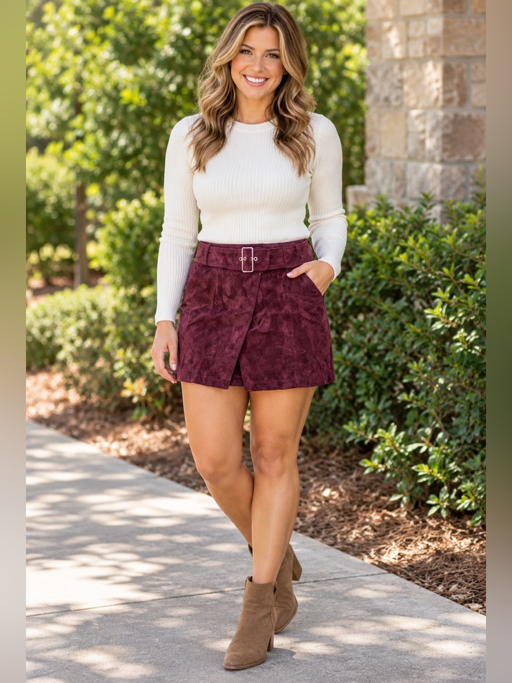 Free People Burgundy Suede Leather Wrap Mini Skirt Belted Size 10